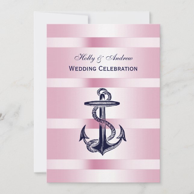 Nautical Blue Anchor Pink BG V Wedding Invitation (Front)