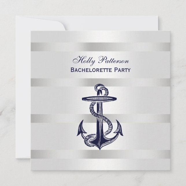 Nautical Blue Anchor Silver Wt BG SQ Bachelorette Invitation (Front)