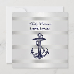 Nautical Blue Anchor Silver Wt BG SQ Bridal Shower Invitation