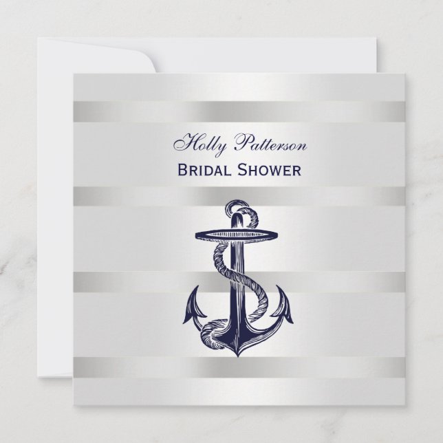 Nautical Blue Anchor Silver Wt BG SQ Bridal Shower Invitation (Front)