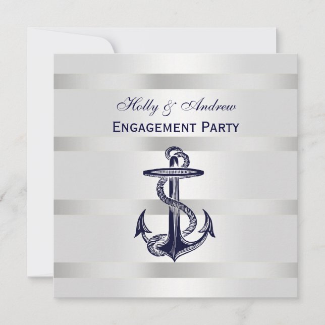 Nautical Blue Anchor Silver Wt BG SQ Engagement Invitation (Front)