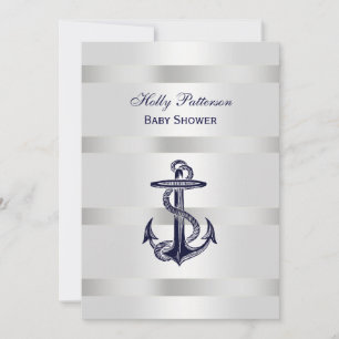 Nautical Blue Anchor Silver Wt BG V Baby Shower Invitation
