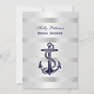 Nautical Blue Anchor Silver Wt BG V Bridal Shower Invitation