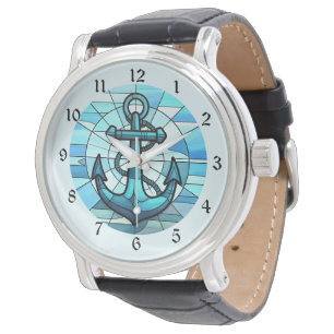 Nautical Blue Anchor Stained Glass Watch