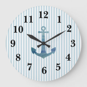 Nautical Blue Anchor Stripe Preppy Large Clock