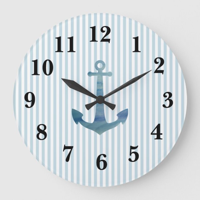 Nautical Blue Anchor Stripe Preppy Large Clock (Front)