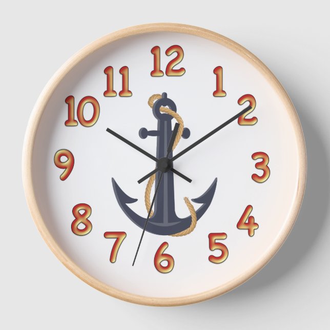 Nautical Blue Anchor Wall Clock Natural Wood Frame (Front)