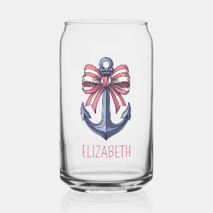 Nautical Blue Anchor With Red and White Stripe Bow Can Glass