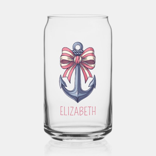 Nautical Blue Anchor With Red and White Stripe Bow Can Glass (Front)