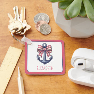 Nautical Blue Anchor With Red and White Stripe Bow Keychain