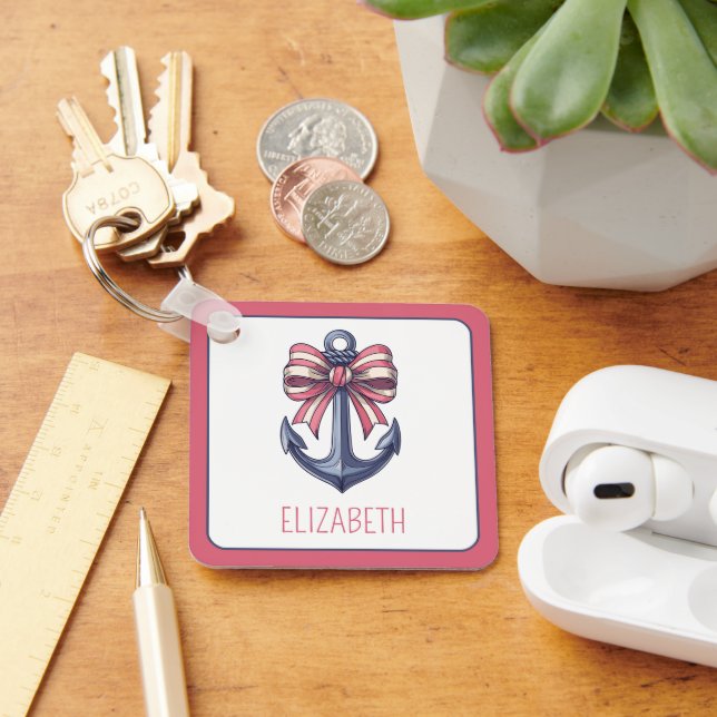 Nautical Blue Anchor With Red and White Stripe Bow Keychain (Desk)