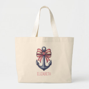 Nautical Blue Anchor With Red and White Stripe Bow Large Tote Bag