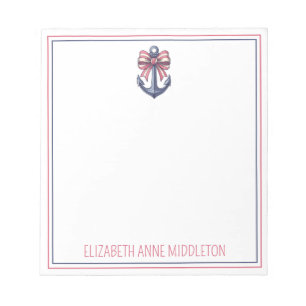 Nautical Blue Anchor With Red and White Stripe Bow Notepad