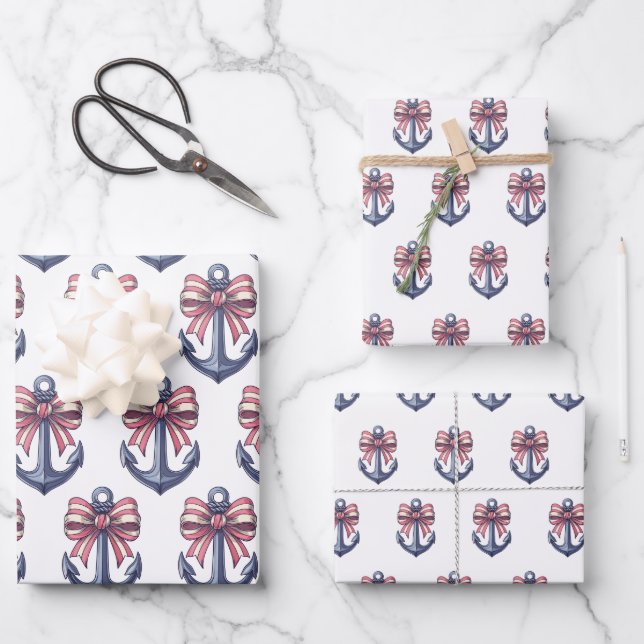 Nautical Blue Anchor With Red and White Stripe Bow Wrapping Paper Sheet (Front)