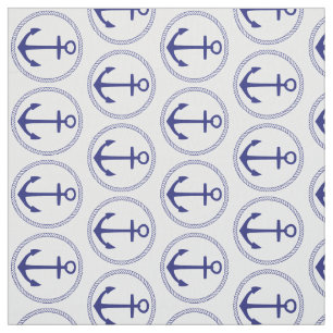 Nautical Blue Anchors and Rope on White Fabric