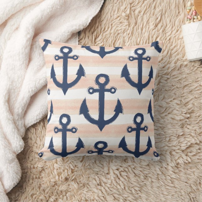 Nautical Blue Anchors Beach House Lakeside Boho Throw Pillow (Blanket)