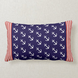 Nautical Blue Anchors Stripes Throw Pillow