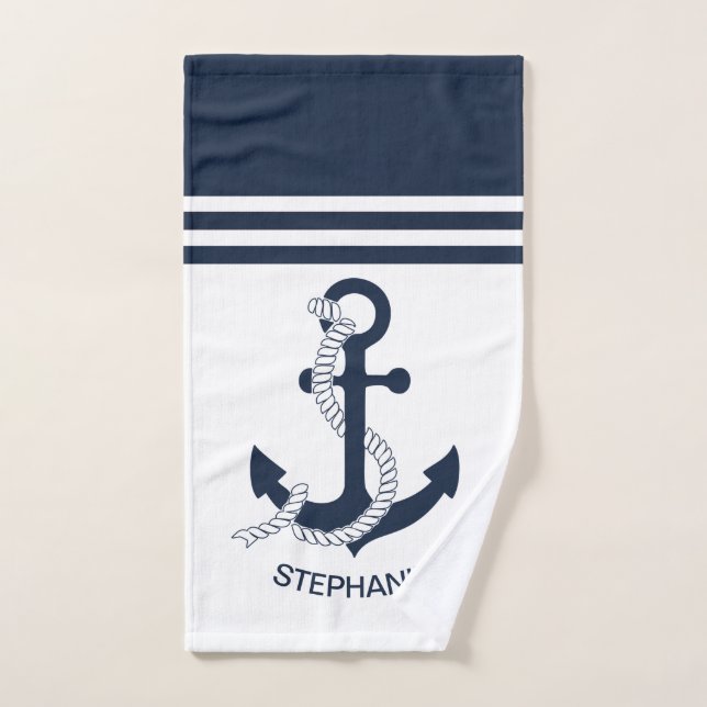 Nautical blue anchors with blue and white stripes bath towel set (Hand Towel)