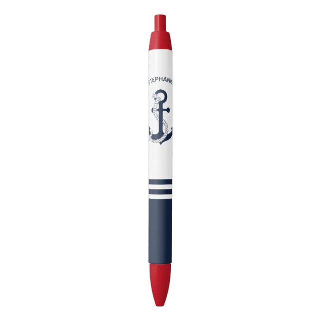 Nautical blue anchors with blue and white stripes blue ink pen (Front Vertical)