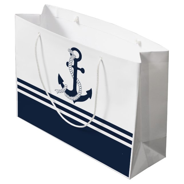 Nautical blue anchors with blue and white stripes large gift bag (Back Angled)