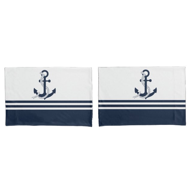 Nautical blue anchors with blue and white stripes pillowcase (Front-Set)