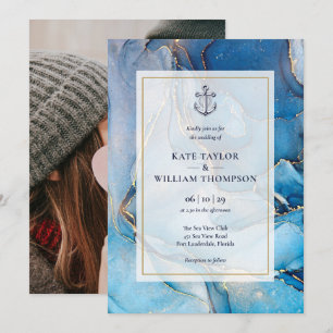 Nautical Blue And Gold Agate Anchor Wedding Photo Invitation