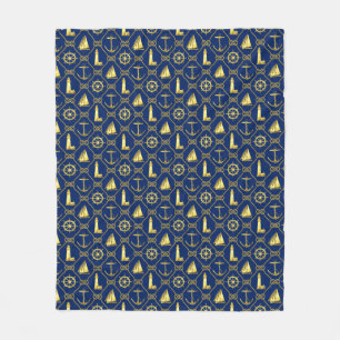 Nautical Blue and Gold Rope Anchor Lighthouse Fleece Blanket