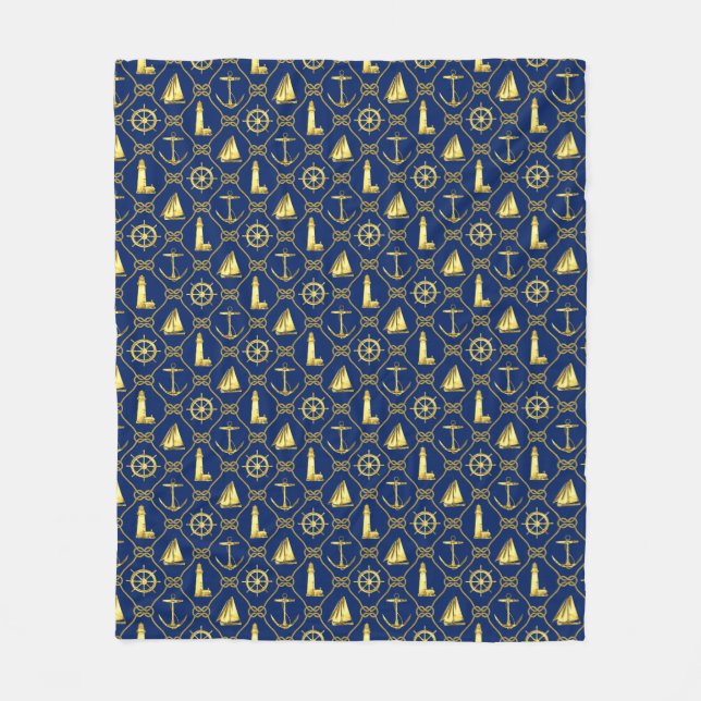 Nautical Blue and Gold Rope Anchor Lighthouse Fleece Blanket (Front)