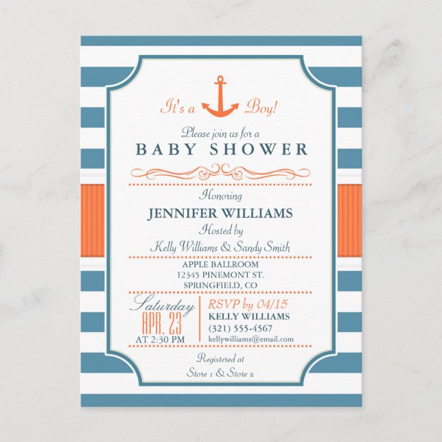 Nautical Blue and Orange Anchor Baby Shower Invitation Postcard (Front)