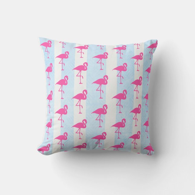 Nautical Blue and Pink Flamingo Beach House Pillow (Front)