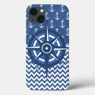 Nautical Blue and White Anchor and Chevron Pattern iPhone 13 Case