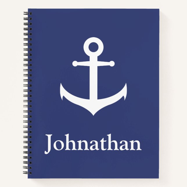 Nautical Blue and White Anchor Pattern Back Name  Notebook (Front)