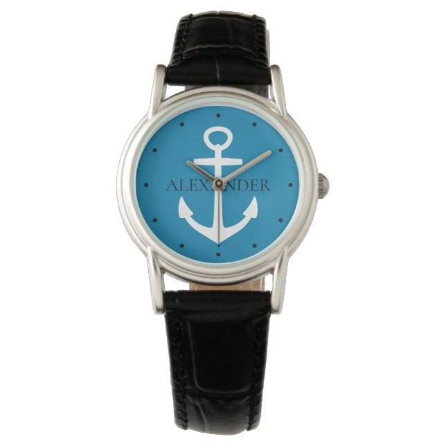 Nautical Blue and White Anchor Personalized Watch (Front)