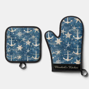 Nautical, Blue and White, Anchors and Starfish Oven Mitt & Pot Holder Set