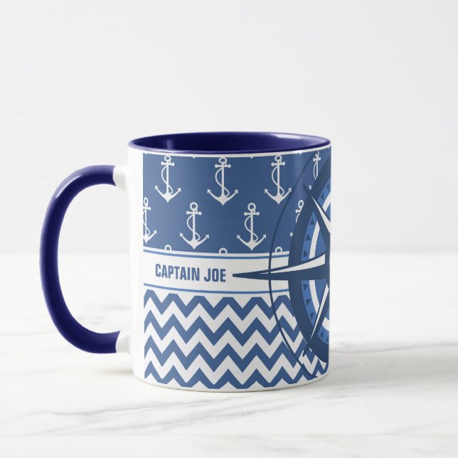 Nautical Blue and White Chevron Custom Captains Mug (Left)