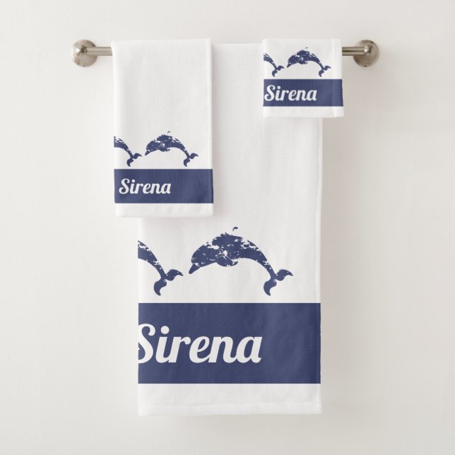 Nautical Blue and White Dolphins Yacht Deck Bath Towel Set (Insitu)