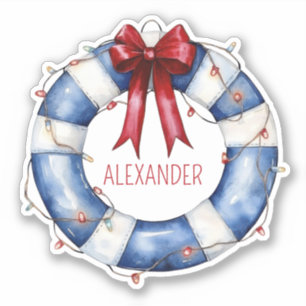 Nautical Blue and White Life Preserver and Red Bow