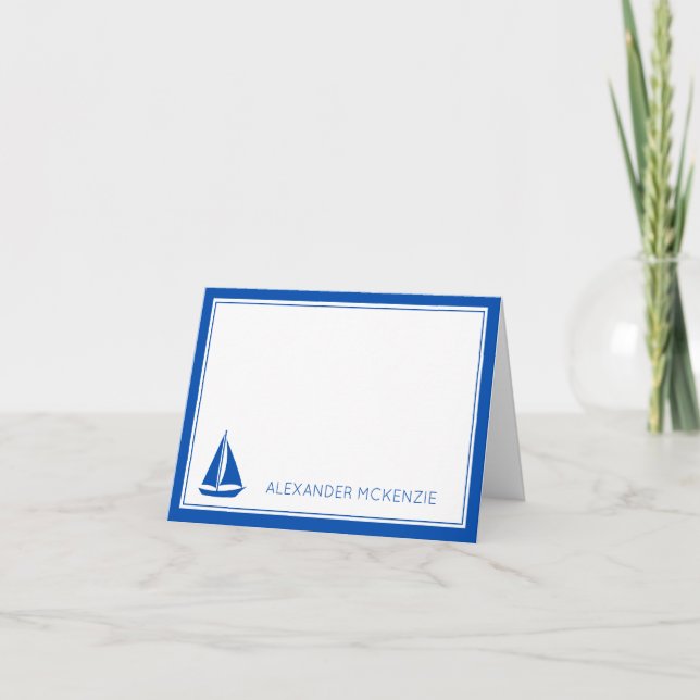 Nautical Blue and White Sailboat Personalized Note Card (Front)