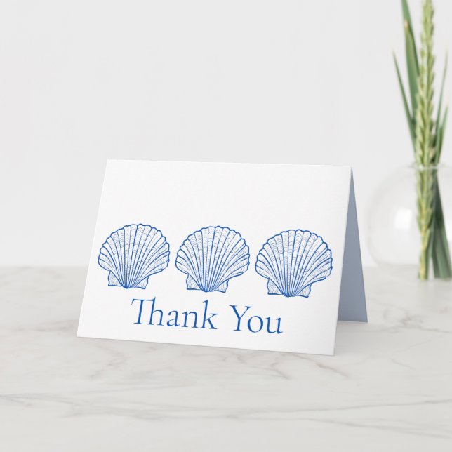 Nautical Blue and White Scallop Seashell  Thank You Card (Front)