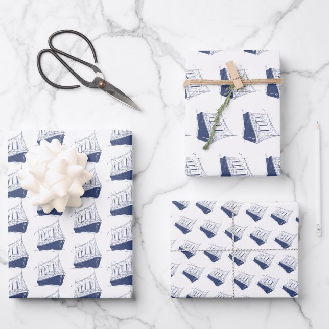Nautical Blue and White Ship Sailing Boat  Wrapping Paper Sheet (Front)