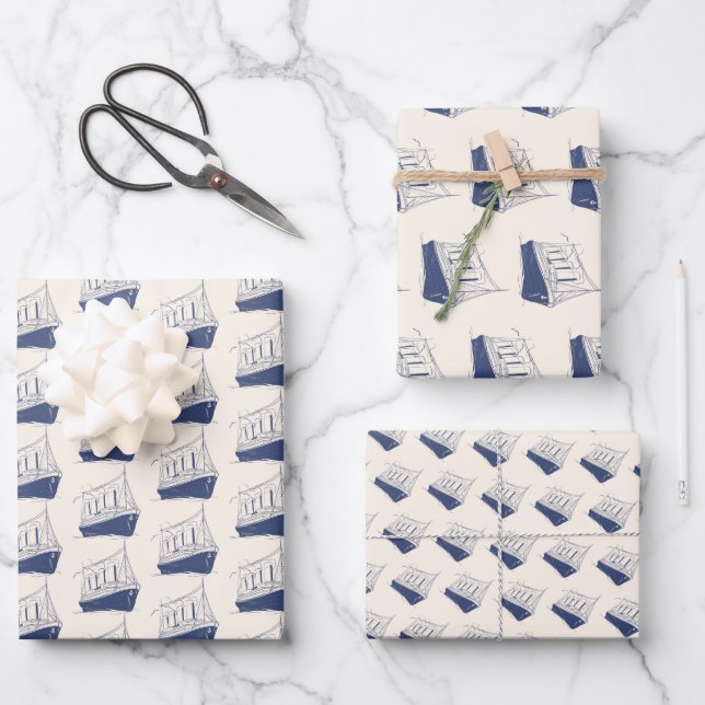 Nautical Blue and White Ship Sailing Boat  Wrapping Paper Sheet (Front)