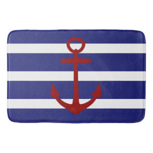 Nautical Blue and White Stripe with Red Anchor Bath Mat