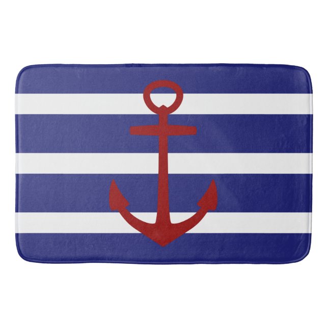 Nautical Blue and White Stripe with Red Anchor Bath Mat (Front)