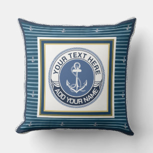 Nautical Blue and White Striped Anchor Custom Name Throw Pillow