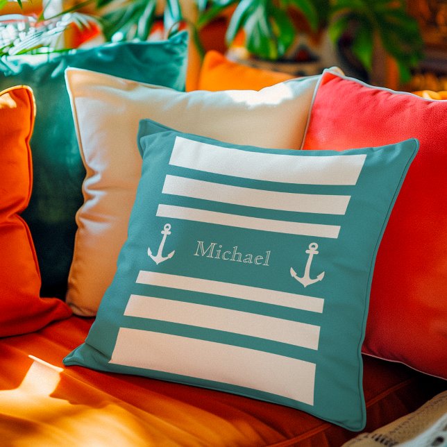 Nautical Blue And White Stripes Anchor Name Throw Pillow (Creator Uploaded)