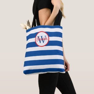 Nautical Blue and white Stripes Monogram Tote Bag