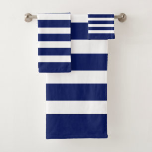 Nautical Blue and White Stripes on Navy Blue Bath Towel Set