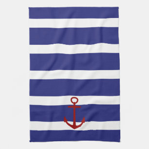 Nautical Blue and White Stripes with Red Anchor Kitchen Towel