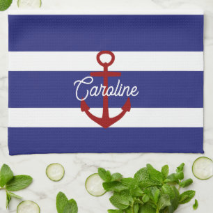 Nautical Blue and White Stripes with Red Anchor Kitchen Towel
