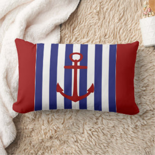 Nautical Blue and White Stripes with Red Anchor Lumbar Pillow